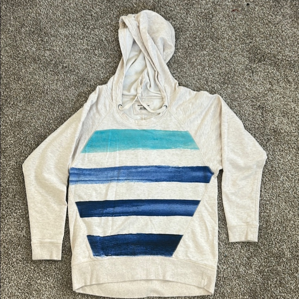 DKNY Blue and Cream Striped Women's Hoodie Sweater